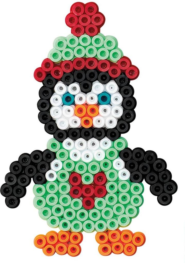A craft project of a penguin made from beads.