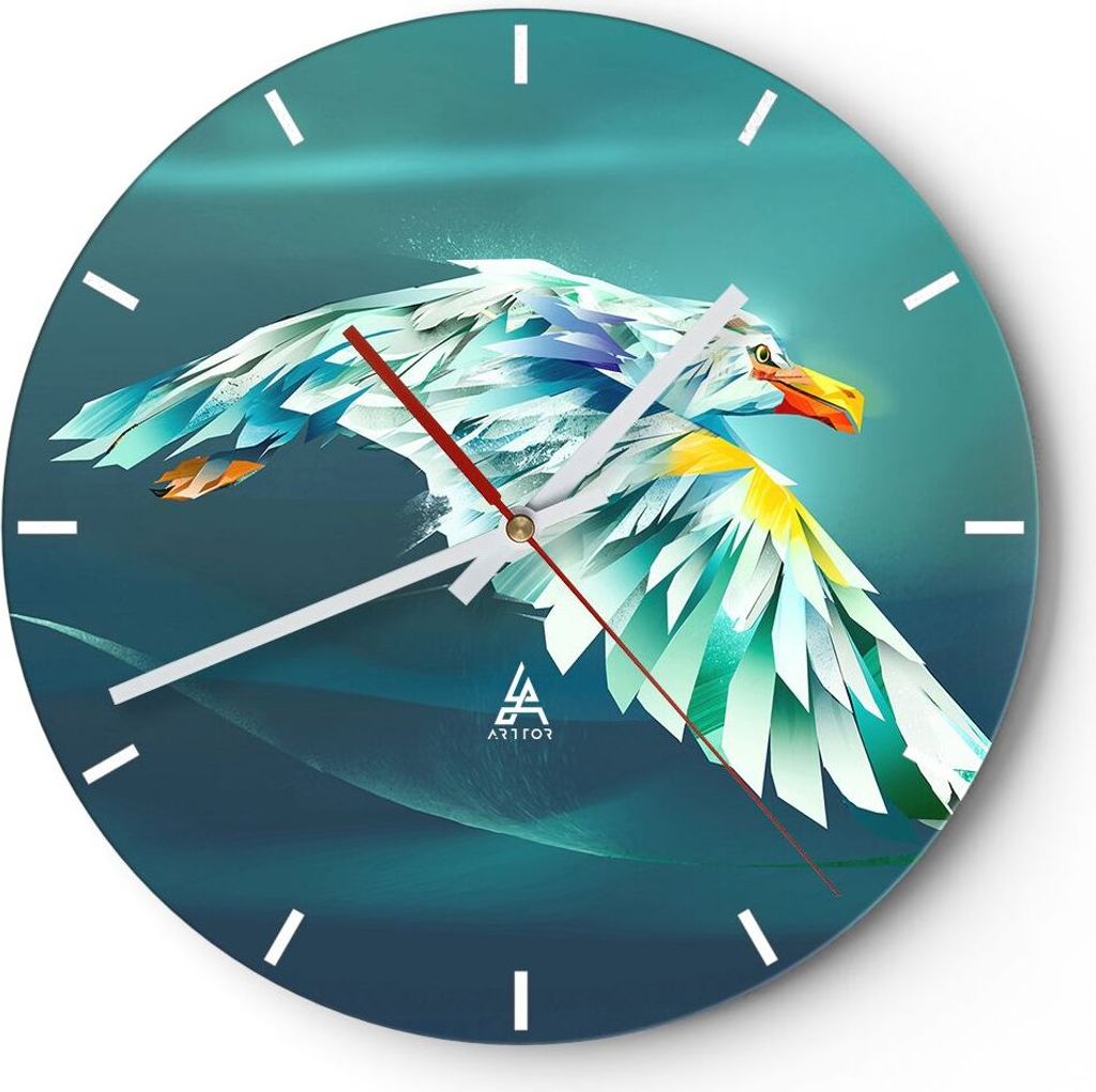 Wanduhr - Rund - Glasuhr - Adler Abstraktion - 30x30cm - Schleichendes Uhrwerk - Lautlos - zum Aufhängen bereit - Dekoration Modern - Wanddekorati...