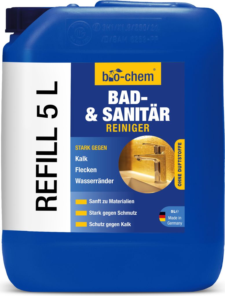 bio-chem Bad- und Sanitärreiniger - 5 Liter Kanister - Badreiniger Spray, WC-Reiniger, Kalkentferner mit Lotuseffekt, Kalkreiniger für Bad, Dusch...