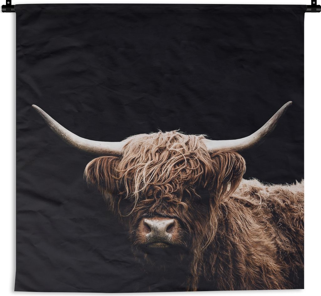 MuchoWow Wandteppich Wandbehang Schottischer Highlander - Schwarz - Horn 120x120 cm Tapisserie Dekoration Wandtuch - Modern - Baumwollgewebe