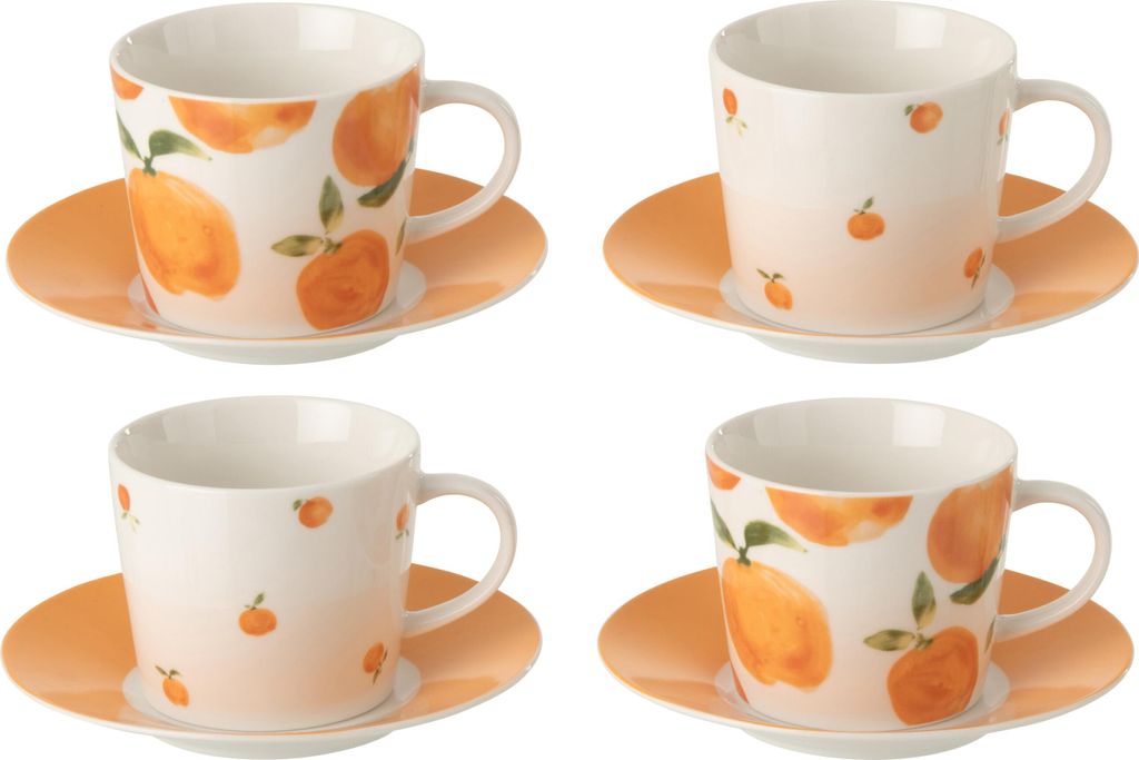 J-Line Dose Von 4 Tasse + Untertasse Orange Keramik Weiß/Orange Large