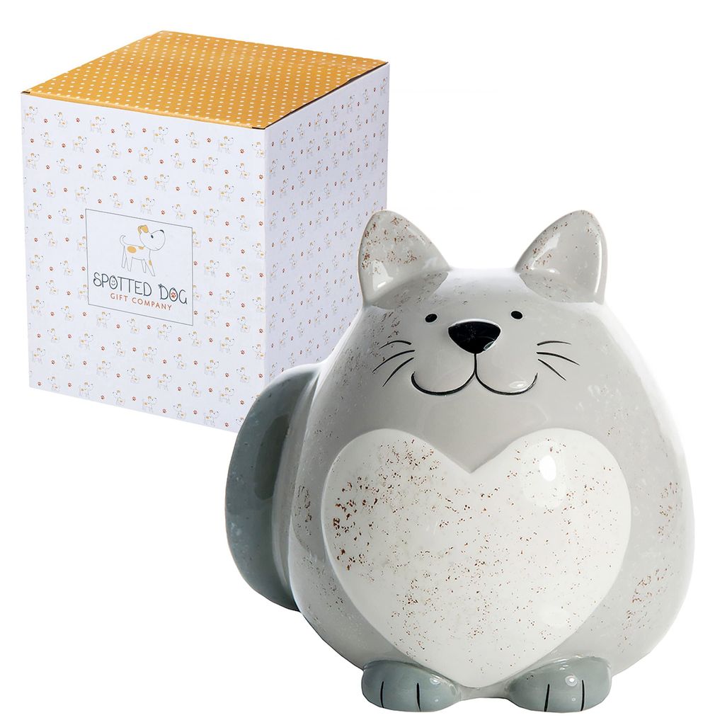 Keramik-Spardose mit Katzenmotiv, grau