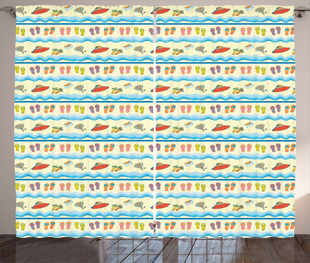 ABAKUHAUS Flip Flops Rustikaler Gardine, Meer Wellen und Sand, Schlafzimmer Kräuselband Vorhang mit Schlaufen und Haken, 280 x 245 cm, Mehrfarbig