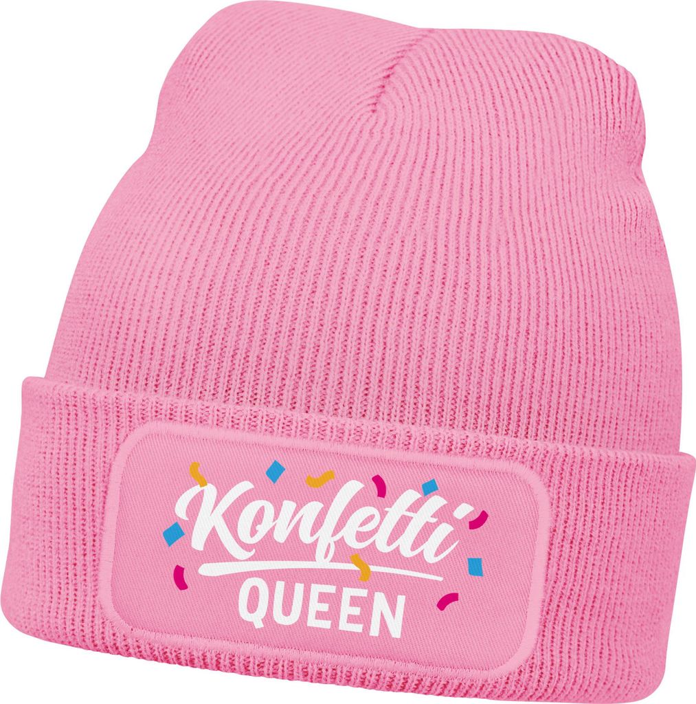 Damen Strickmütze - Konfetti Queen - Spruch Karneval Fasching Aufdruck Lustig - Beanie mit bedrucktem Patch - Damenmütze Moonworks