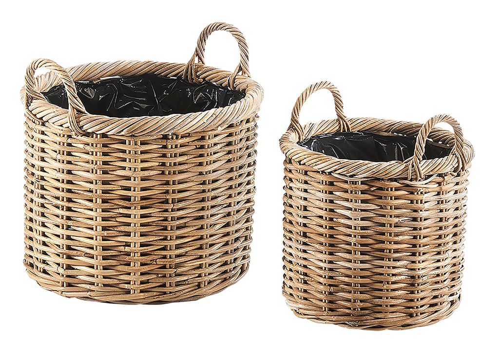 Kobolo Pflanzkorb im 2er Set rund aus Rattan mit Folie und Produktbild
