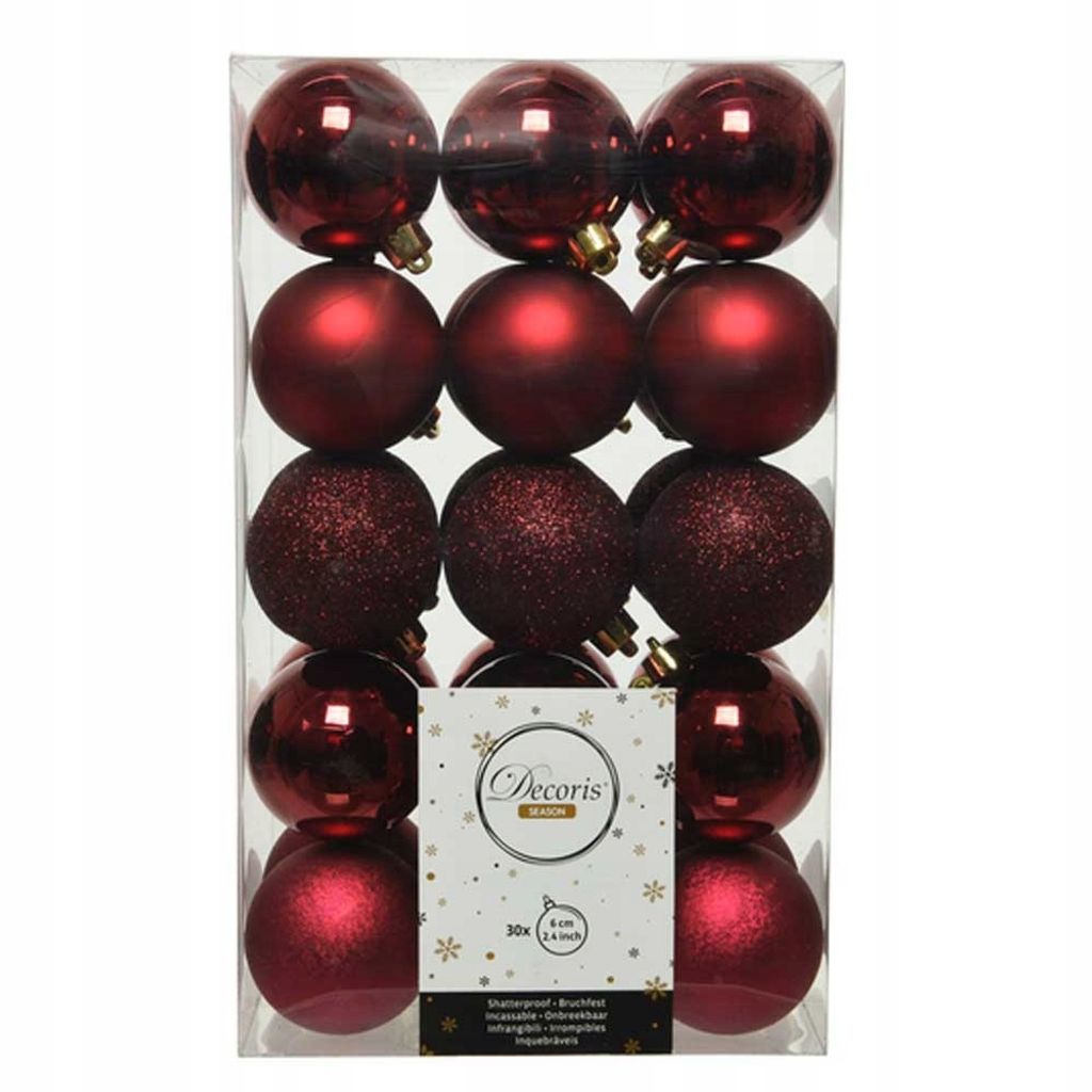Weihnachtsbaumkugeln Set 30 Stück Ø 6 cm dunkelrot bruchsicher Kunststoff glanz matt Glitter ohne Aufhänger ideal für Christbaum und Adventskranz