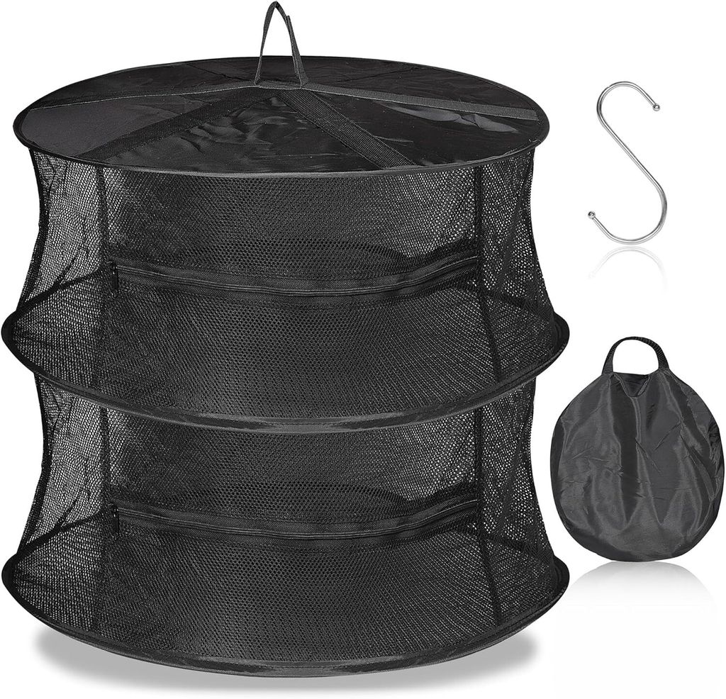 A black, multi-tiered drying net with a hook and a folded carrying bag.