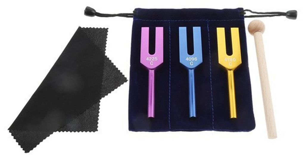 3-teiliges Set aus Aluminium-Stimmgabeln mit Holzhammer und Stoffbeutel (4096/4160/4225 Hz) – Heilinstrumente, Stimmgabeln für Yoga, Meditation ...
