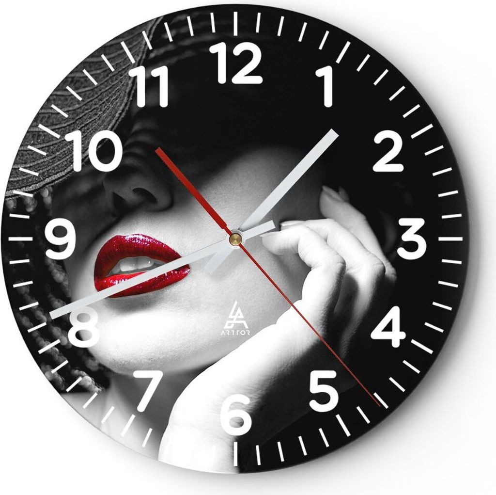 Wanduhr - Rund - Glasuhr - Frau Gesicht Lippen - 30x30cm - Schleichendes Uhrwerk - Lautlos - zum Aufhängen bereit - Dekoration Modern - Wanddekora...