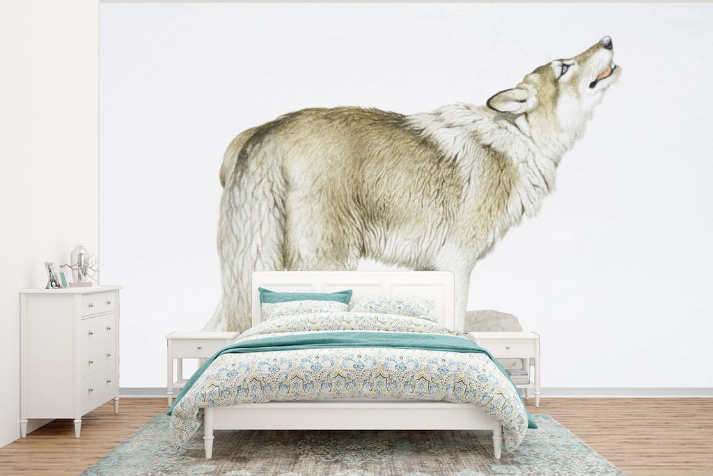 MuchoWow Fototapete für Wohnzimmer oder Schlafzimmer Wandtapete Vinyl Motivtapete Wolf - Steine - Weiß - 320x240 cm - Tapeten