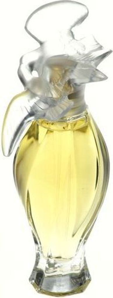 A perfume bottle with yellow liquid inside, on a white background.