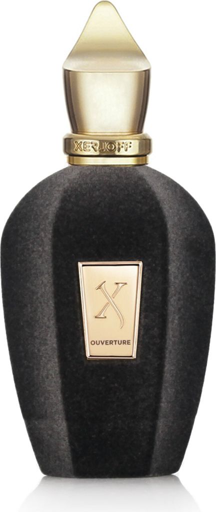 A black perfume bottle with a gold cap and label.