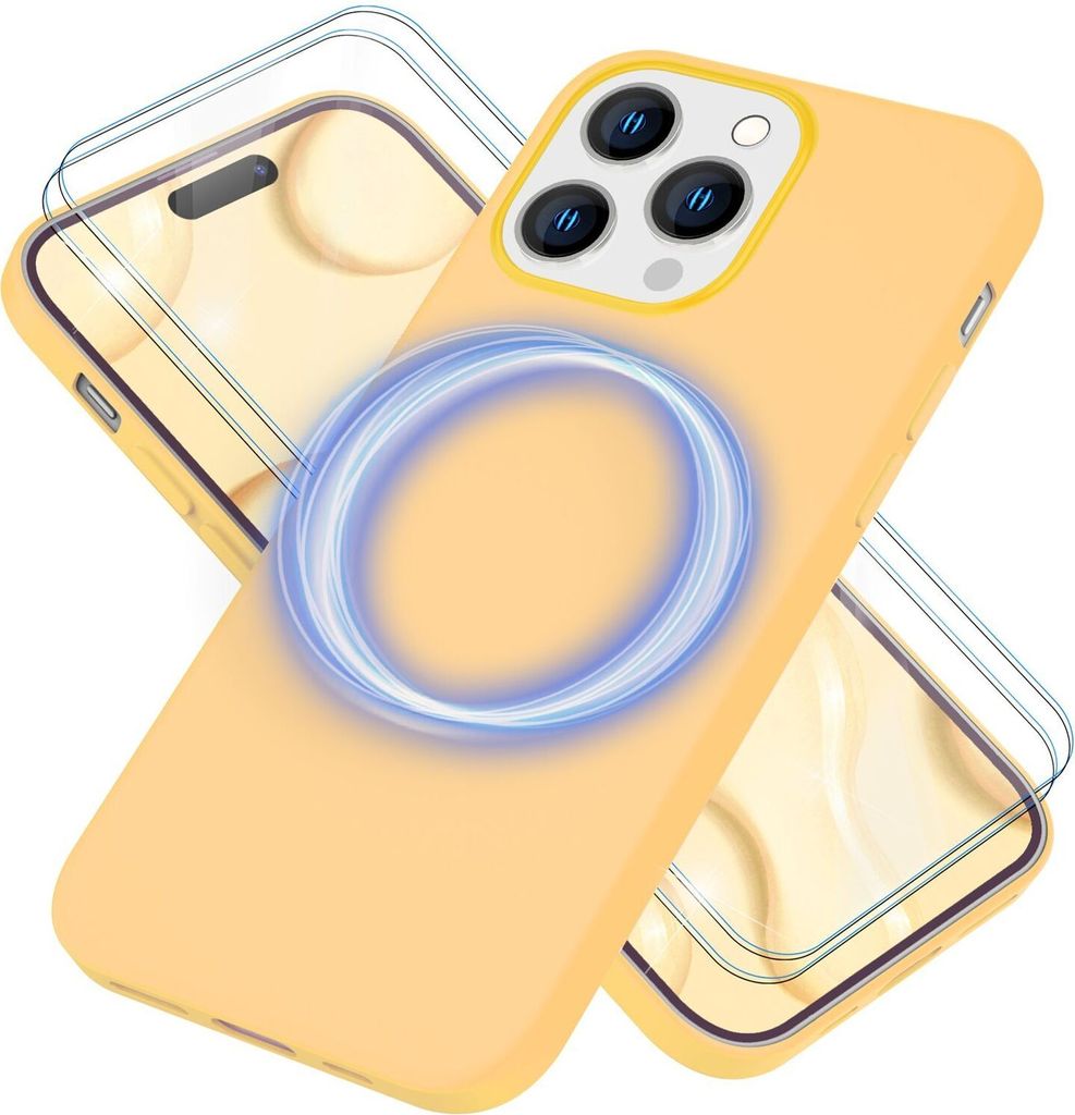 MagSafe Hülle mit 2x Schutz Glas für iPhone 14 Pro Max, Easy Clean Silikon Case Gelb