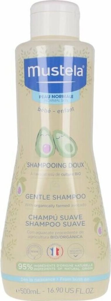 A bottle of Mustela Gentle Shampoo for babies and children.