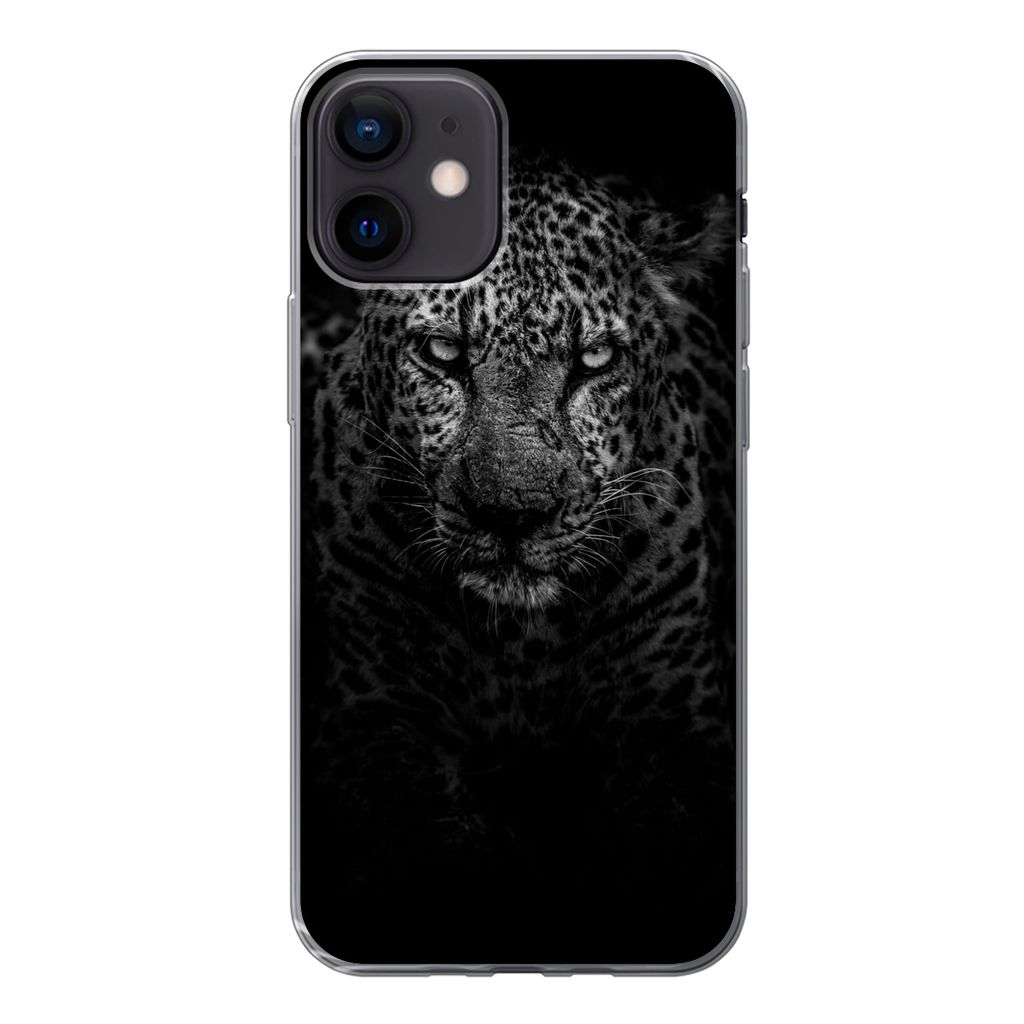 MuchoWow Handyhülle Schutzhülle Hülle für iPhone 12 Leopard - Schwarz - Weiß Silikon Softcase Handy Hülle - Schutzhülle