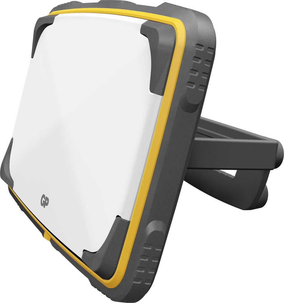 A square-shaped panel light with a white face and a gray and yellow protective frame, attached to a dark gray clip mechanism.