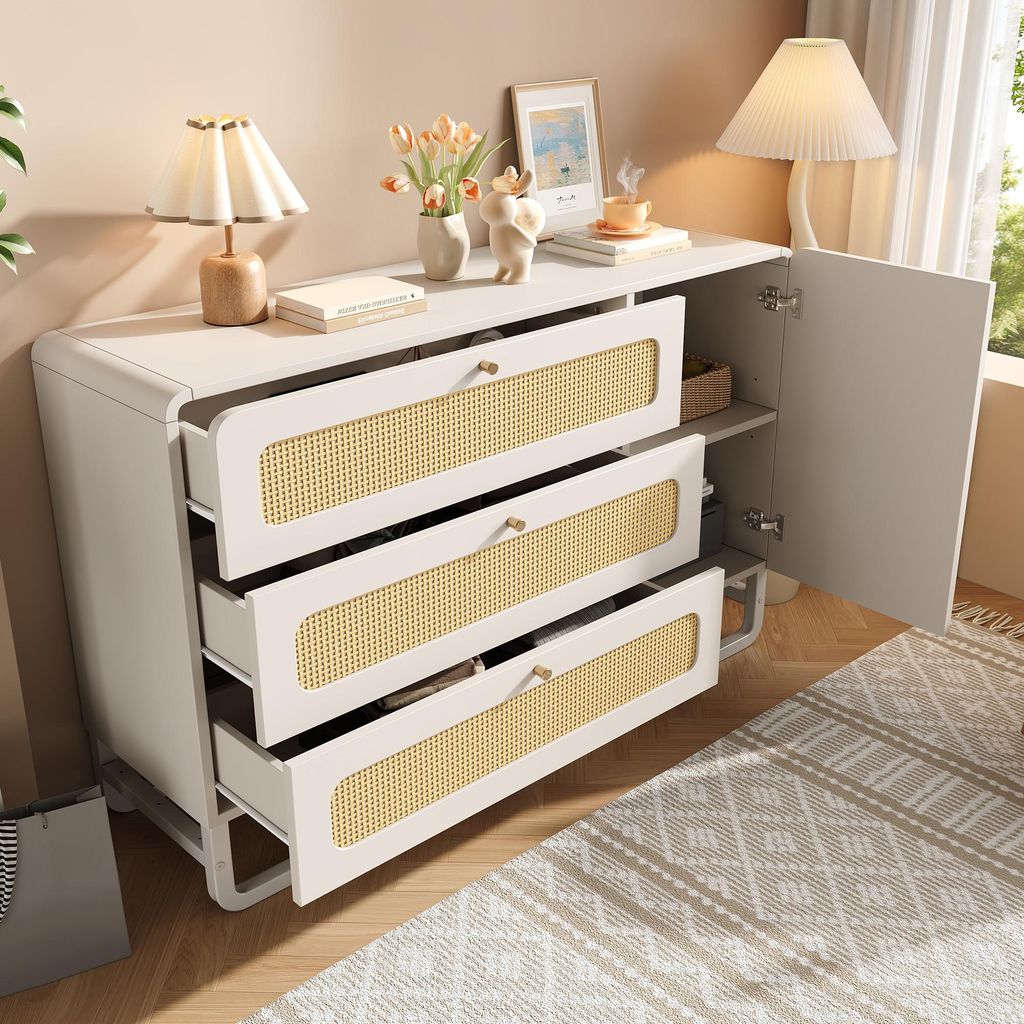 STILVORA Sideboard mit 3 Rattanschubladen&Türschrank,Kommode Aufwahrungsschrank mit Höhenverstellbare Regale,Beistellschrank mit Goldgriffen&Kipp...