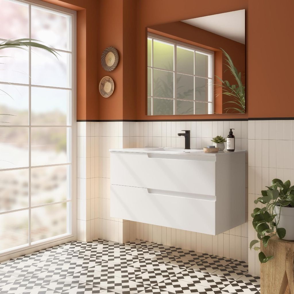 Badezimmermöbel VIMA 1000 WHITE SATIN + Waschtisch + Spiegel