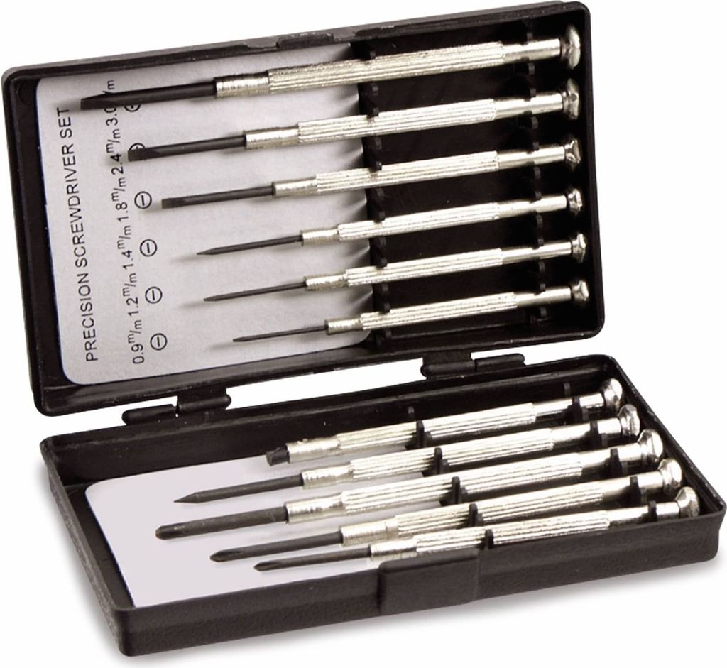 A set of precision screwdrivers in an open black case.