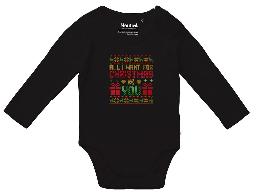 Huuraa Baby Body Ugly Christmas All I want is you 62 Black Baumwolle Fairtrade Langarmbody Geschenkidee