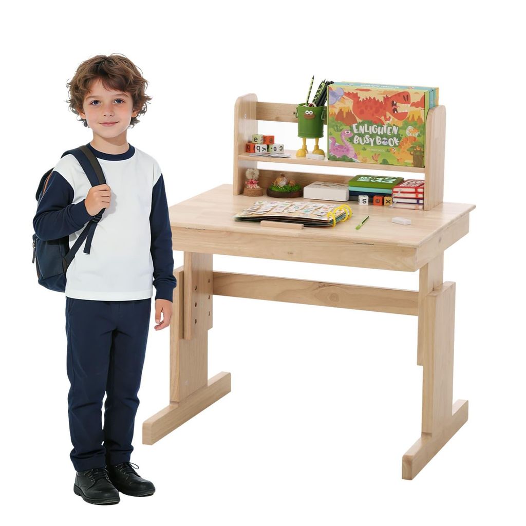 Kindertisch, Höhenverstellbarer Massivholz-Multifunktionsschreibtisch,klappbare Tischplatte,Buchstütze,Sicherheits,für Kinder ab 6 Jahren