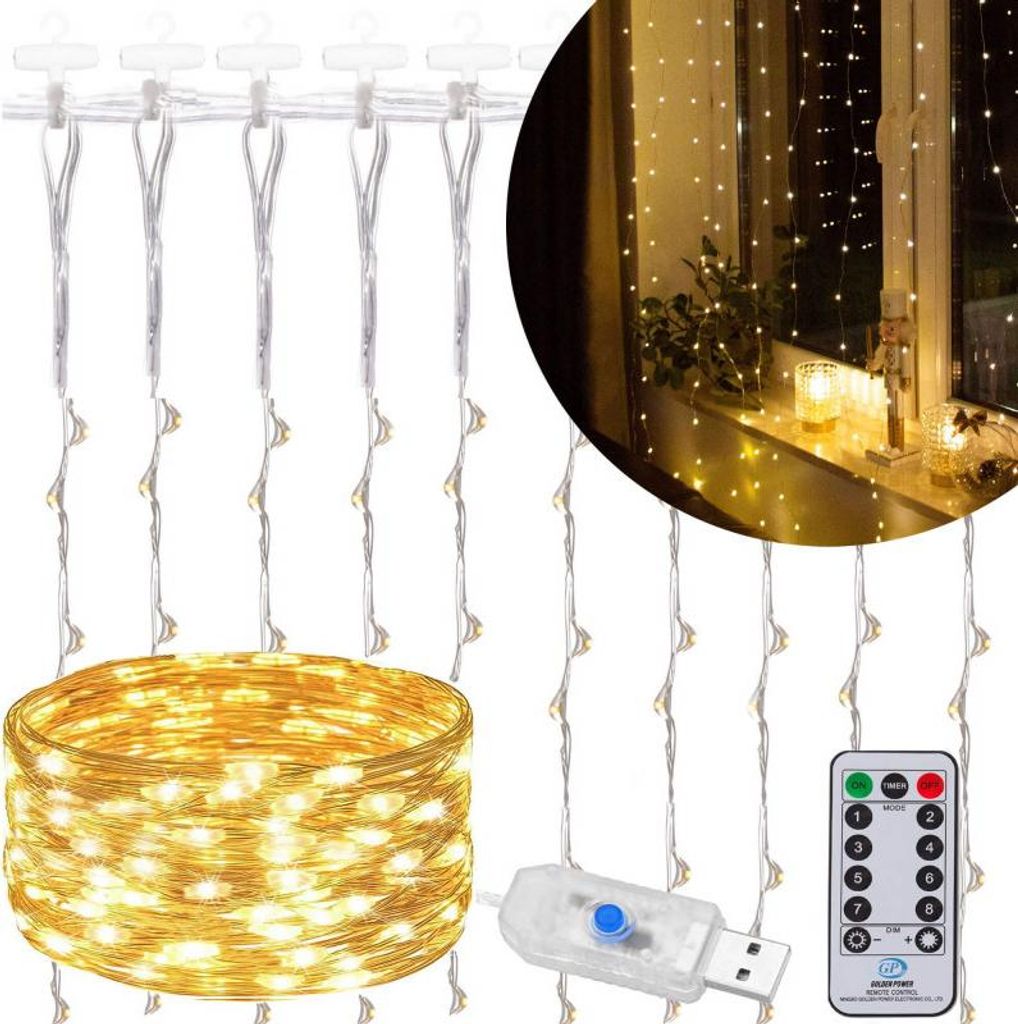 A product image showing a string of LED lights, a remote control, and a USB connector.