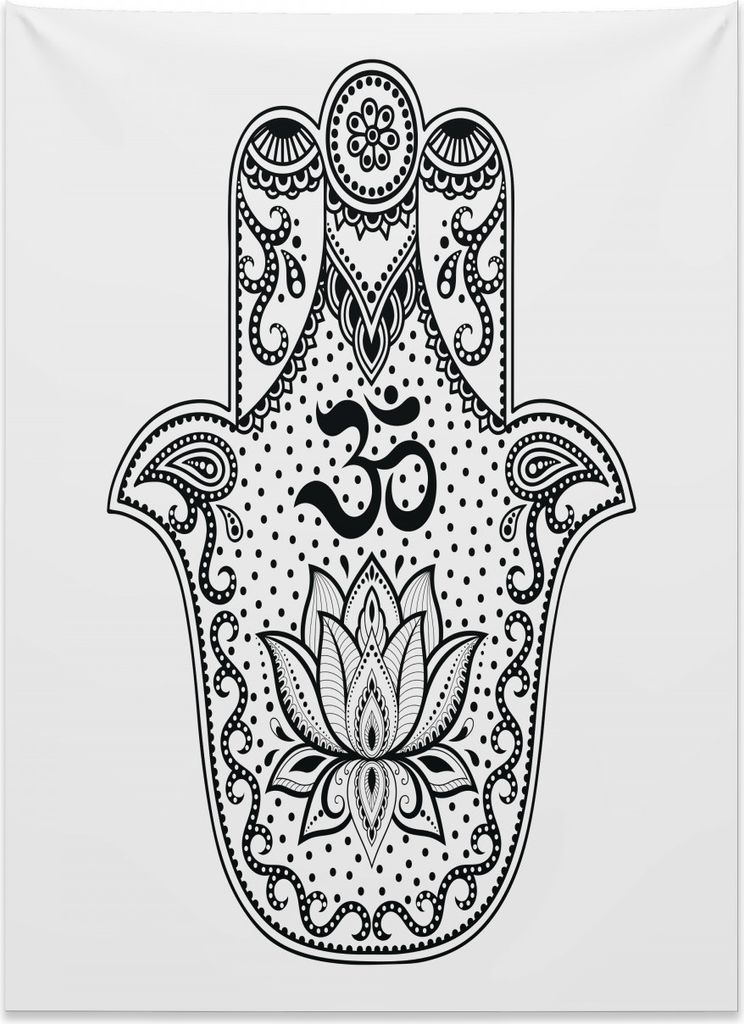 Abakuhaus Hamsa Wandteppich, Orientalische Schnörkel Lotus aus Weiches Mikrofaser Stoff Kein Verblassen Klare Farben Waschbar, 110 x 150 cm, Weiß...