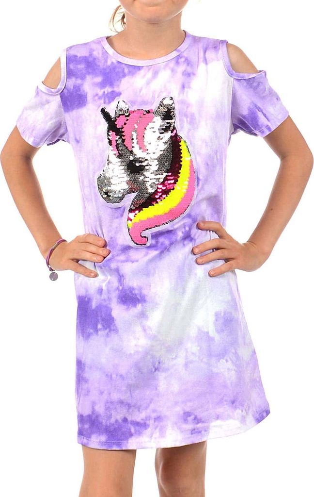 KMISSO Mädchen Kleid Wende Pailletten Einhorn-Motiv Lila Batik 104