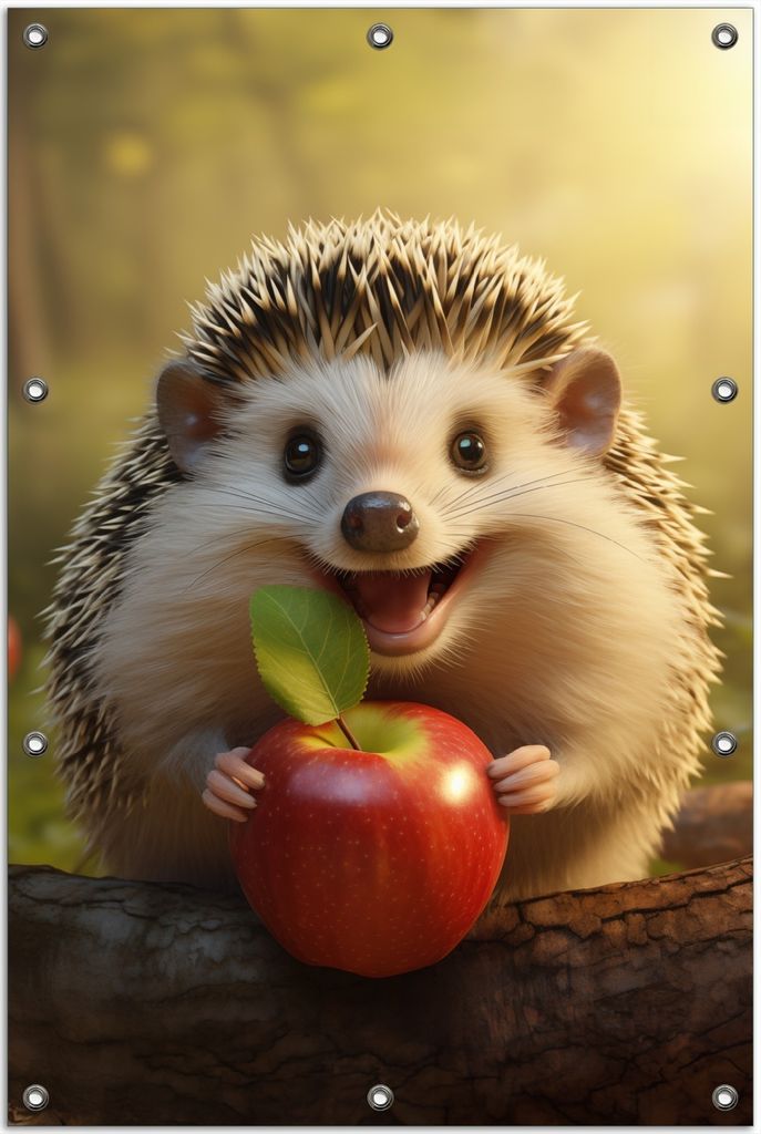 Wallario Outdoor-Poster für Garten oder Balkon, Motiv Lächelnder Igel mit Apfel, in ca. 80 x 120 cm