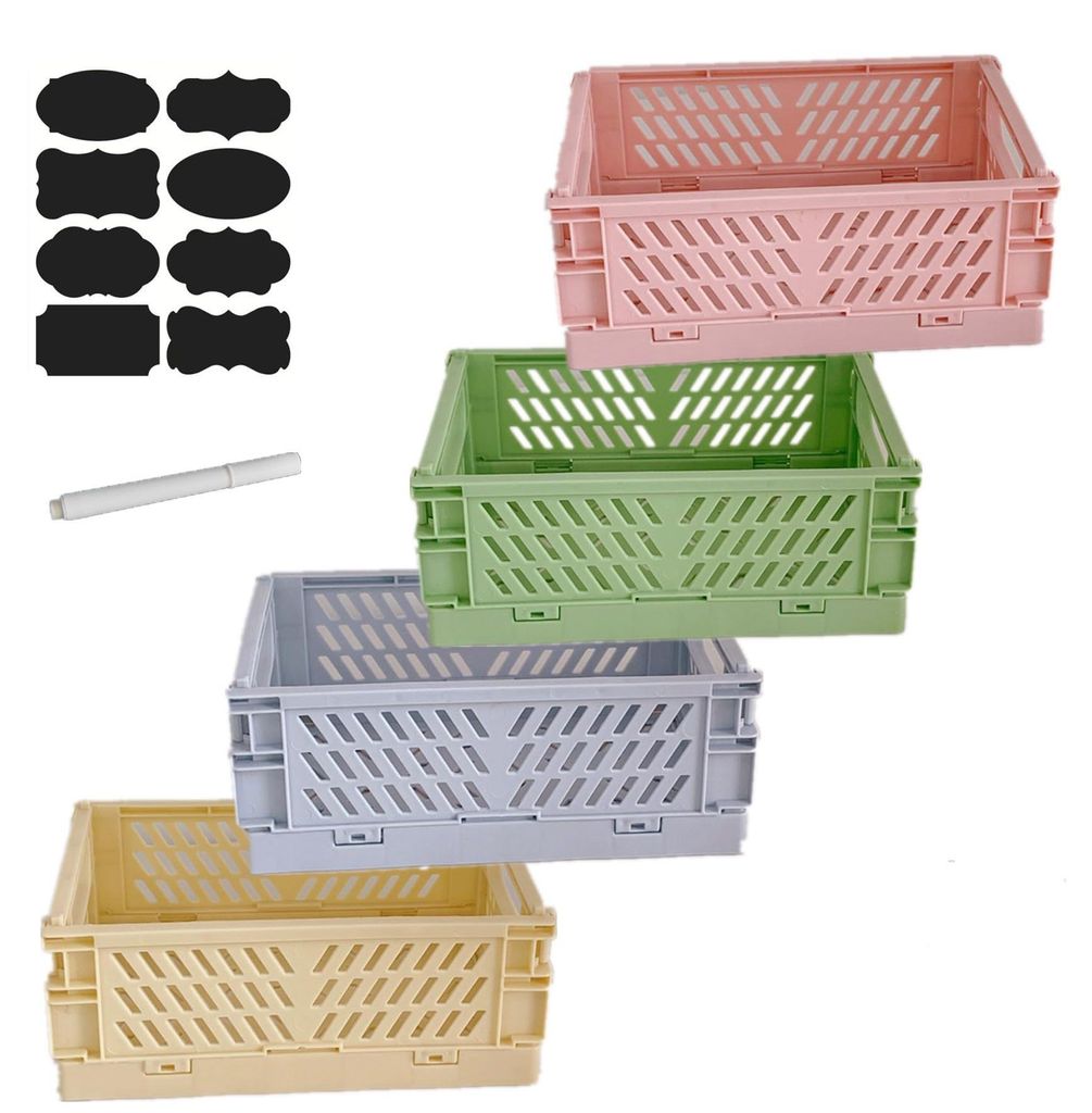 Set mit 4 faltbaren Aufbewahrungsboxen, 25 × 17 × 10 cm, zusammenklappbare Körbe, faltbare, tragbare Aufbewahrungsboxen, farbenfroh, für versch...