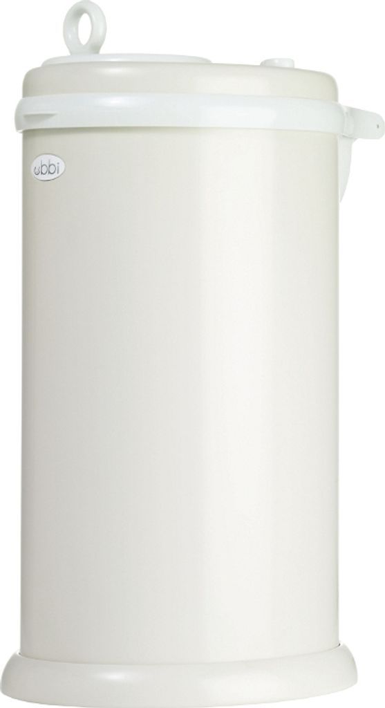 A beige diaper pail with a white lid and a white band around the top.