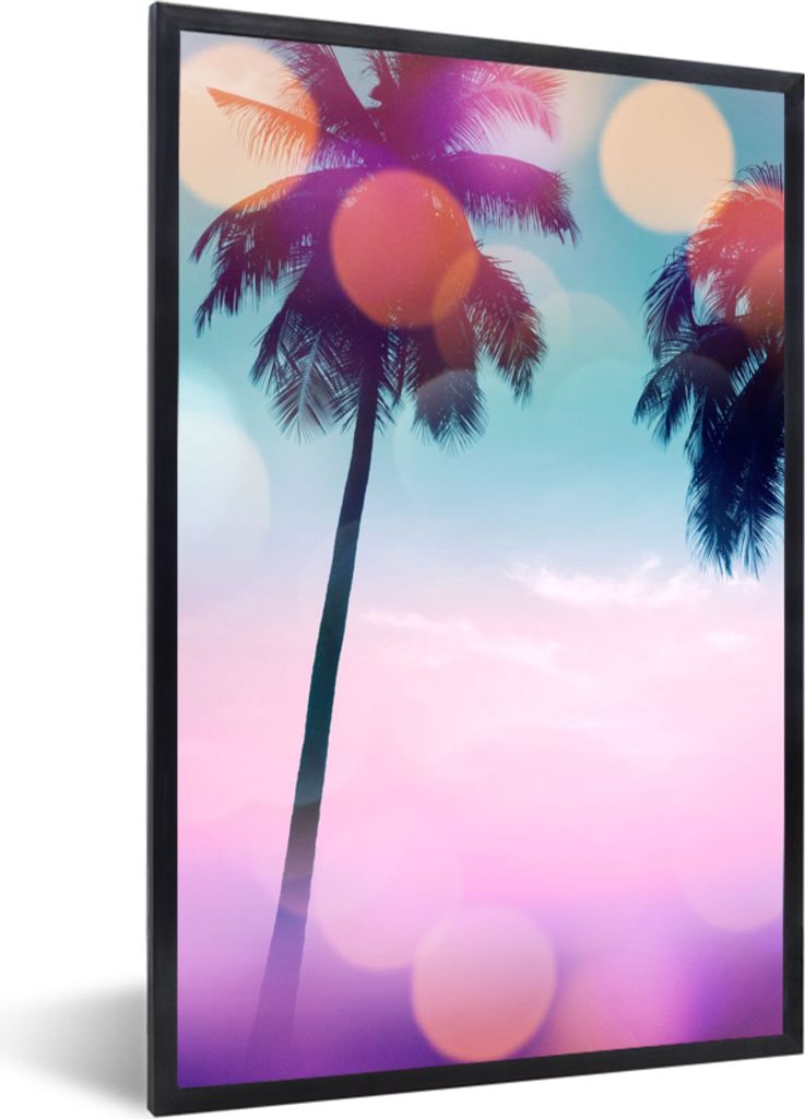 MuchoWow Gerahmtes Poster Sommer - Palmen - Himmel - Rosa 20x30 cm - Poster mit Schwarzem Bilderrahmen Wandposter Rahmen Foto Bilder - Drucken - ...
