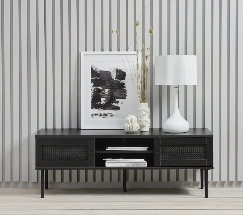 Banc TV Pensacola noir 120 cm de largeur pour écran plat LED