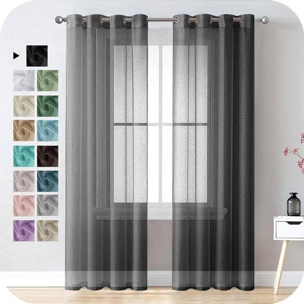 Rideau voile noir 225x140 cm à anneaux tissu fluide et transparent