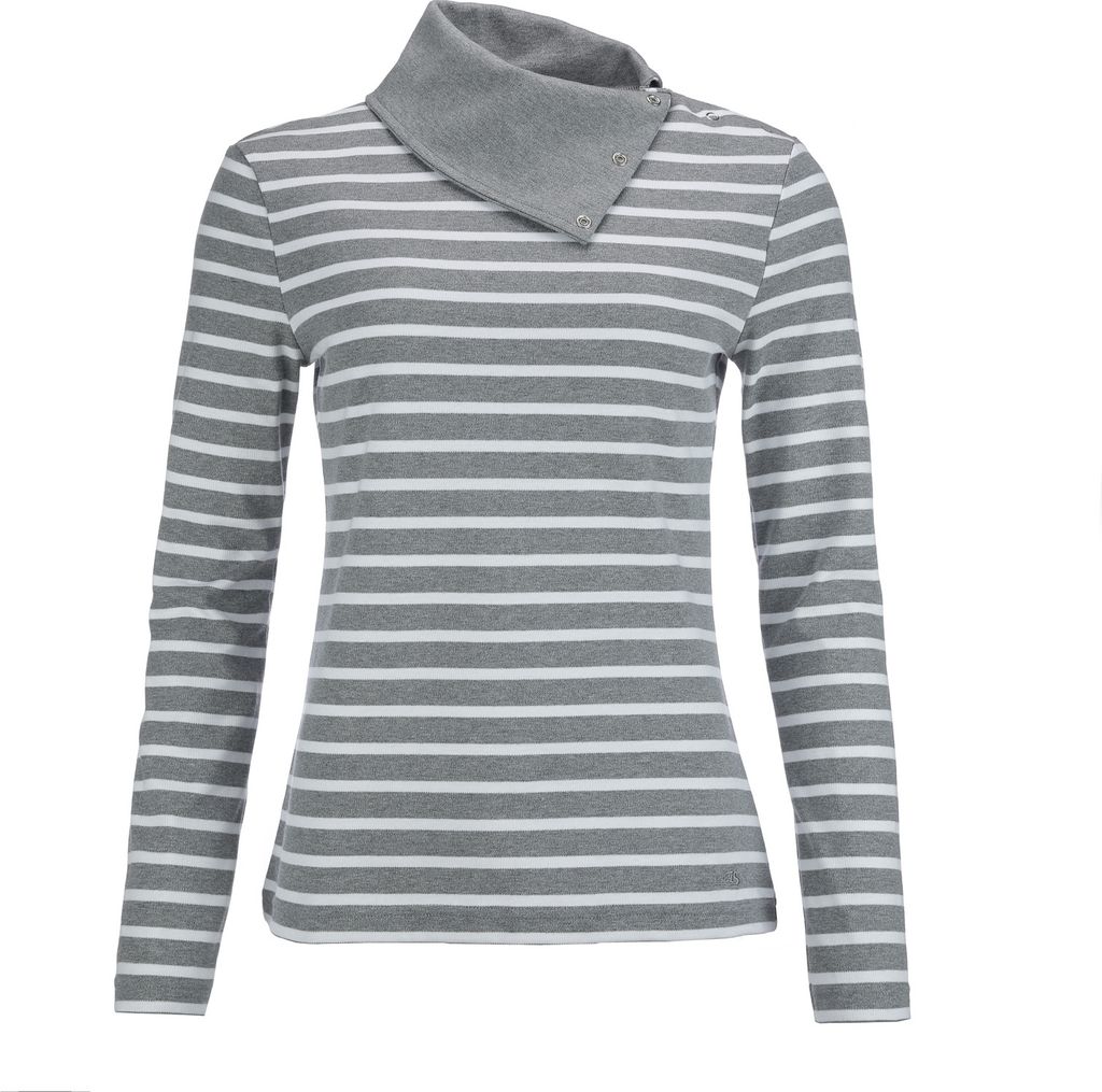 modAS Damen Langarmshirt Shirt mit Kragen mit Knopfleiste - Streifenshirt Ringelshirt Shirt für Frauen Langarm aus Baumwolle Grau/Weiß Größe 48