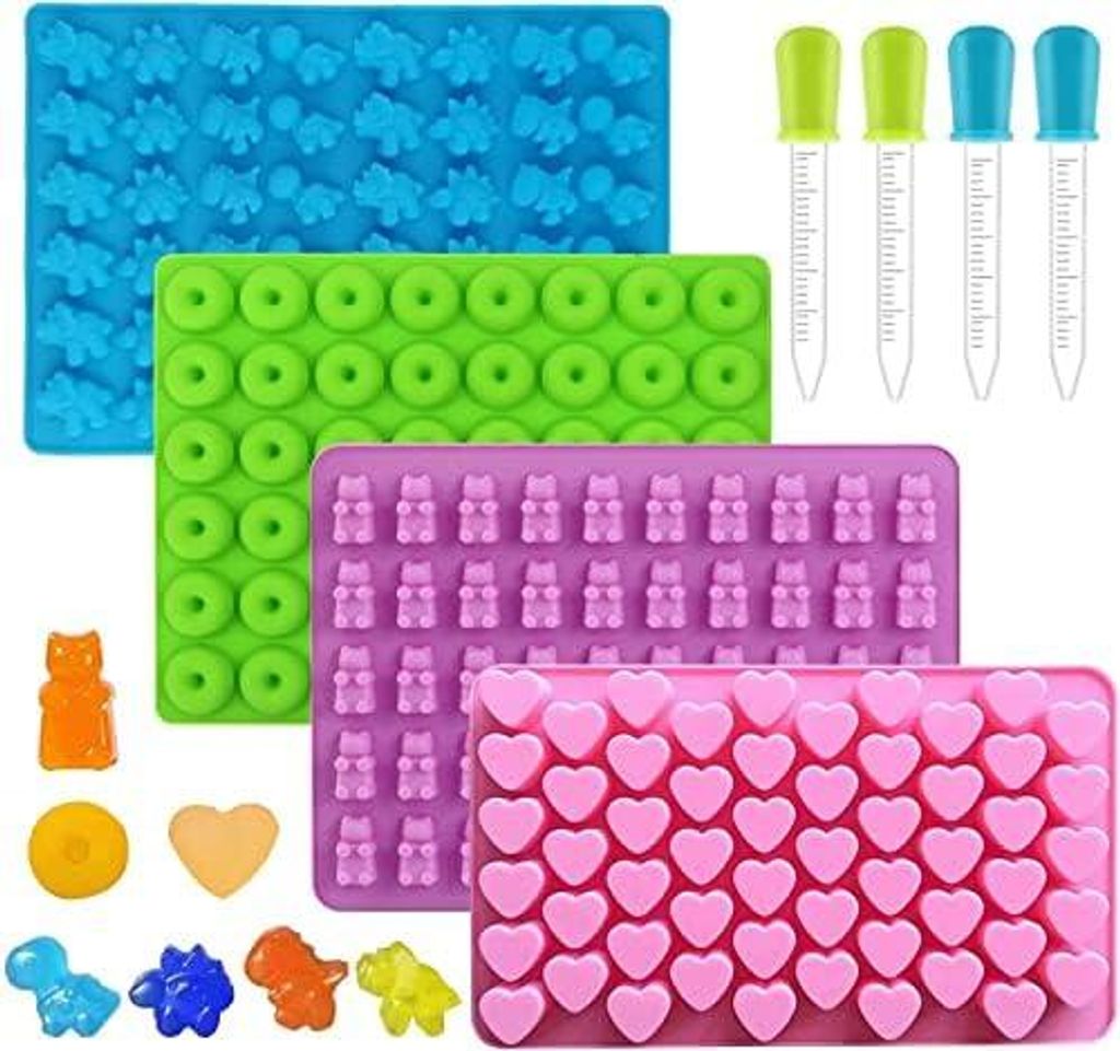 Gummibärchen Formen 4er-Pack Süßigkeiten-Silikonformen Eiswürfelschalen, Silikon-Süßigkeitenformen für Schokoladenformen, Gelee, mit 4 Pipet...