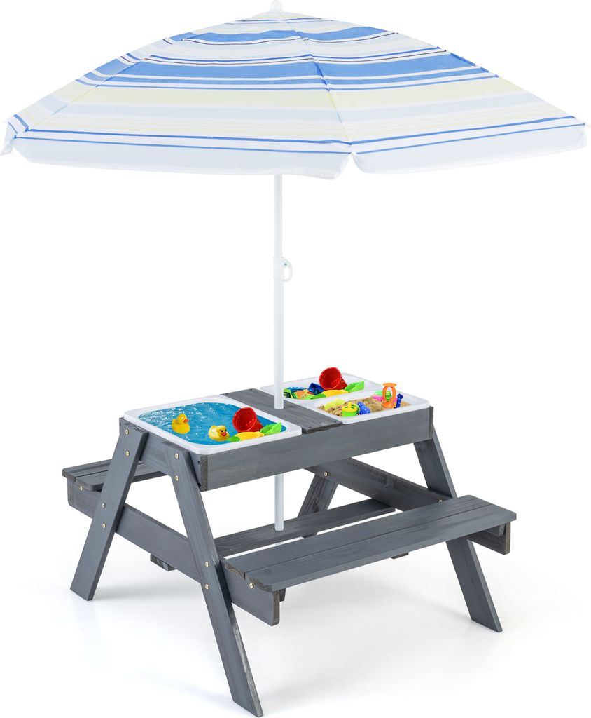 DREAMADE Sand- & Wassertisch für Kinder, Aktivitätstisch und Bank-Set mit abnehmbaren Kisten mit Deckeln, Picknicktisch mit Sonnenschirm, ab 3 Ja...