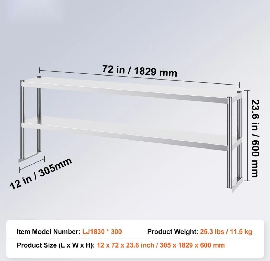 Surétagère double inox robuste 1829mm pour poste de travail