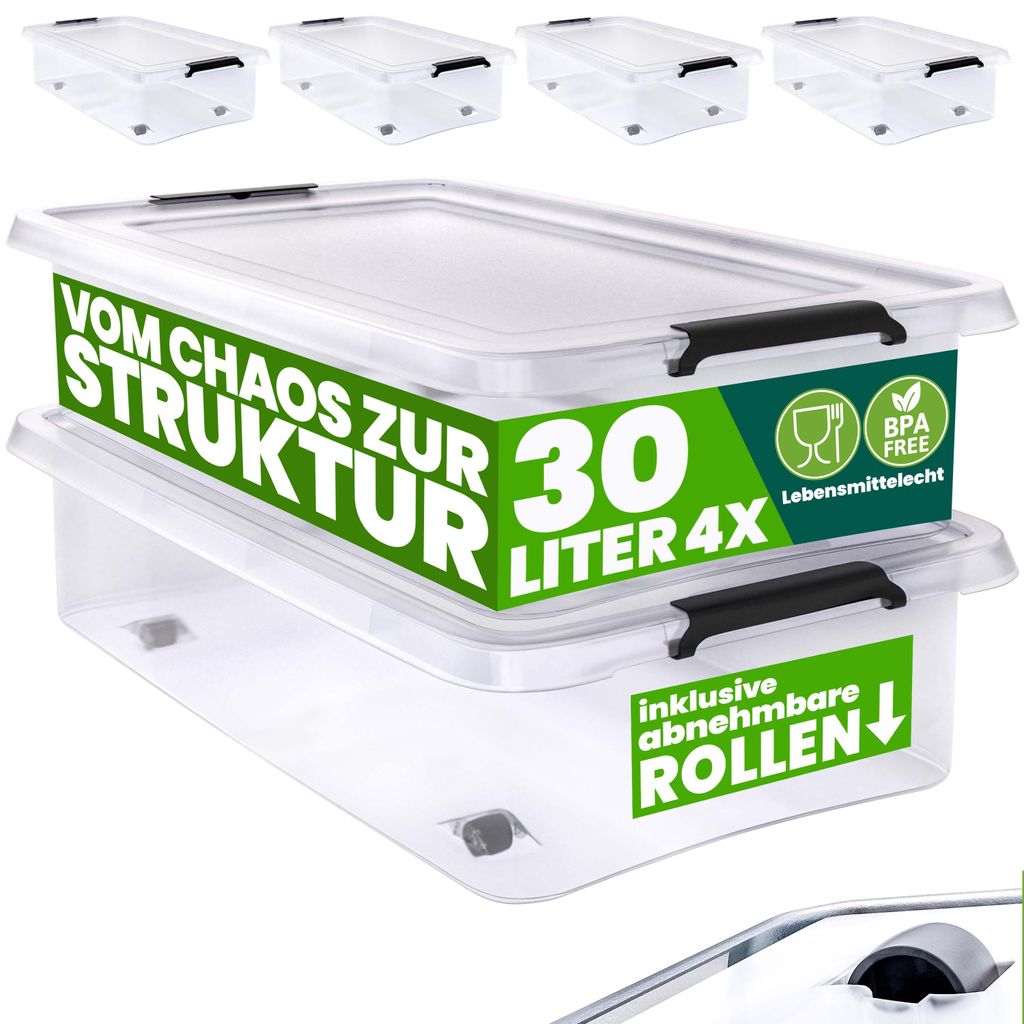 DEUBA 4x 30L Scatole in Plastica con Coperchio e Ruote Immagine del prodotto 