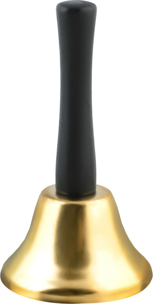A golden bell with a black handle against a white background.