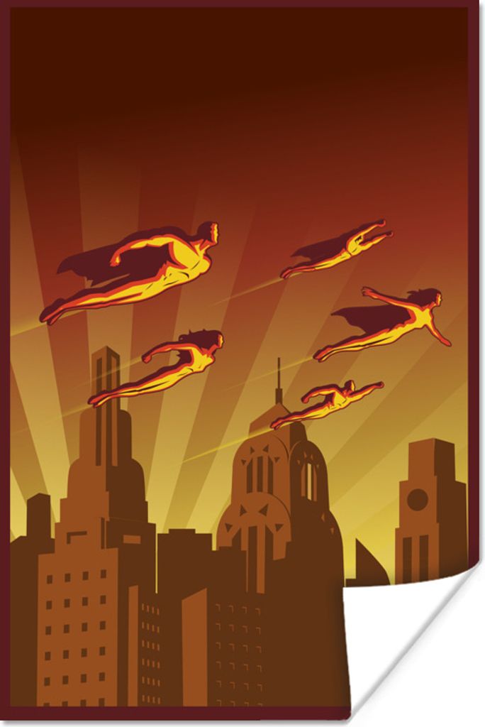 MuchoWow Poster Kinder Illustration von Superhelden fliegen über eine Stadt 120x180 cm - Kunstposter