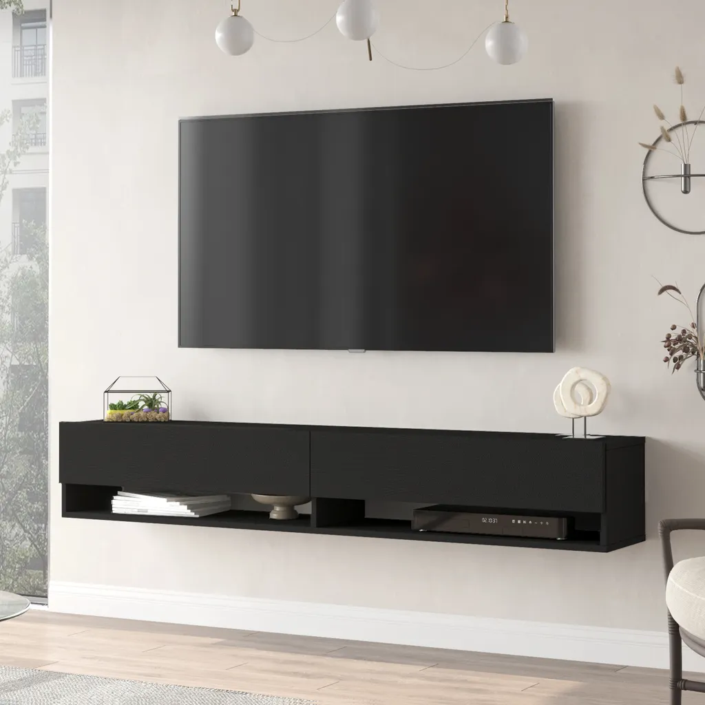 Mobile TV VCM Onata XXL, 3 Ripiani In Vetro Temperato Nero, Struttura Alluminio, 110x42x70 Cm, Fino A 80 Kg