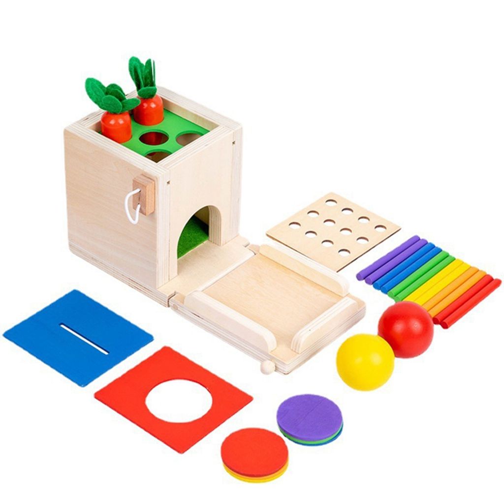 Comius Sharp Holzspielzeug, 4 in 1 Montessori Spielzeug, Motor Skills  Spielzeug für Jungen und Mädchen, Thema für Object Permanence Box, Münzbox