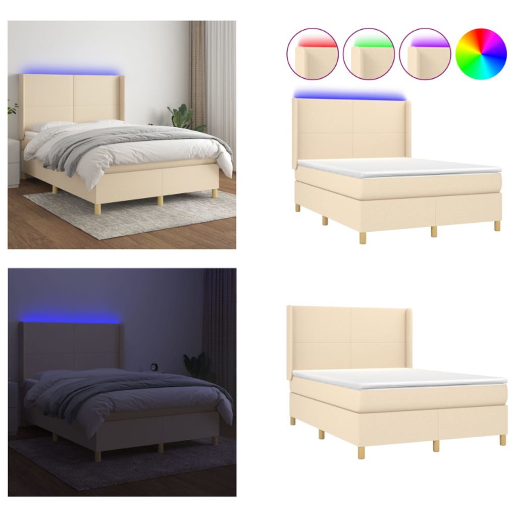 vidaXL Boxspringbett mit Matratze & LED Creme 140x200 cm Stoff - Boxspringbett - Boxspringbetten - Bett - Schlafzimmermöbel