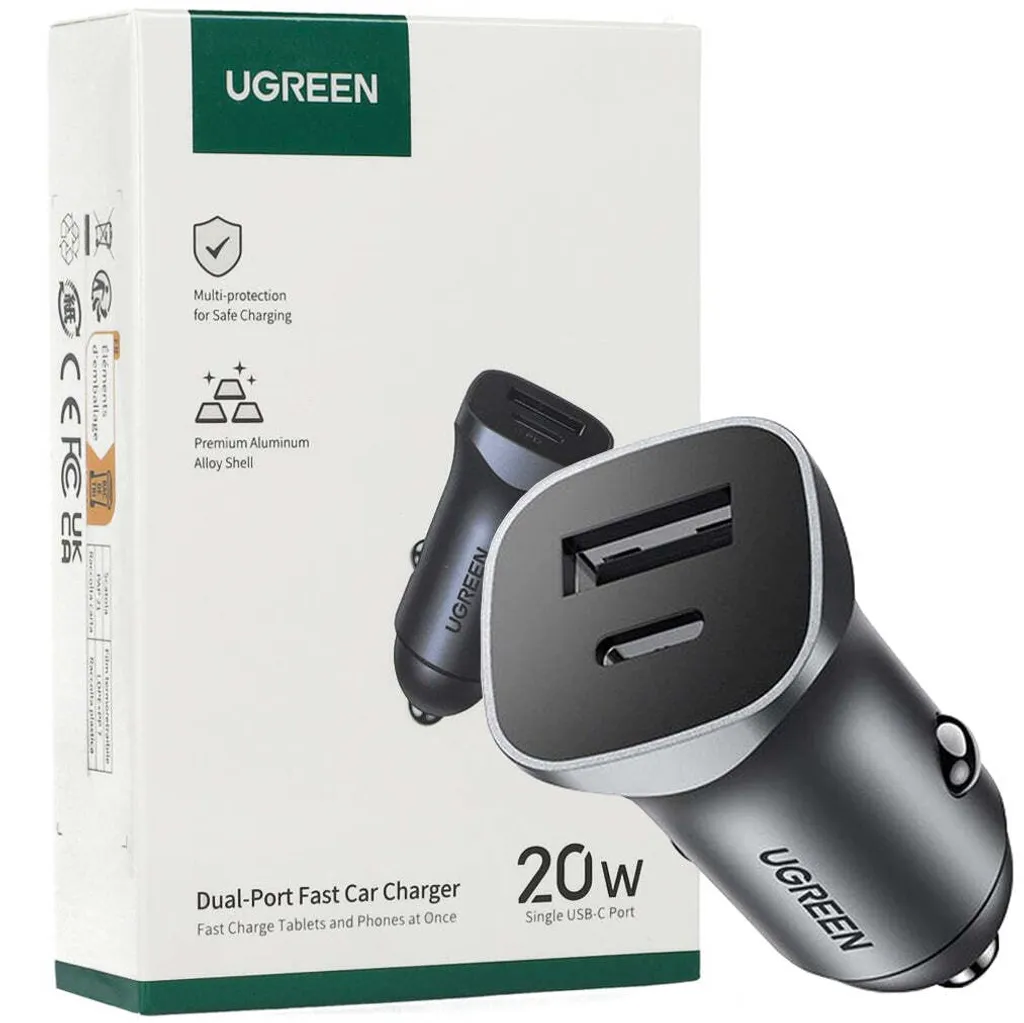 Ugreen 30780 Caricabatterie Auto 24W USB-C PD e USB-A QC 3.0 Grigio - 27