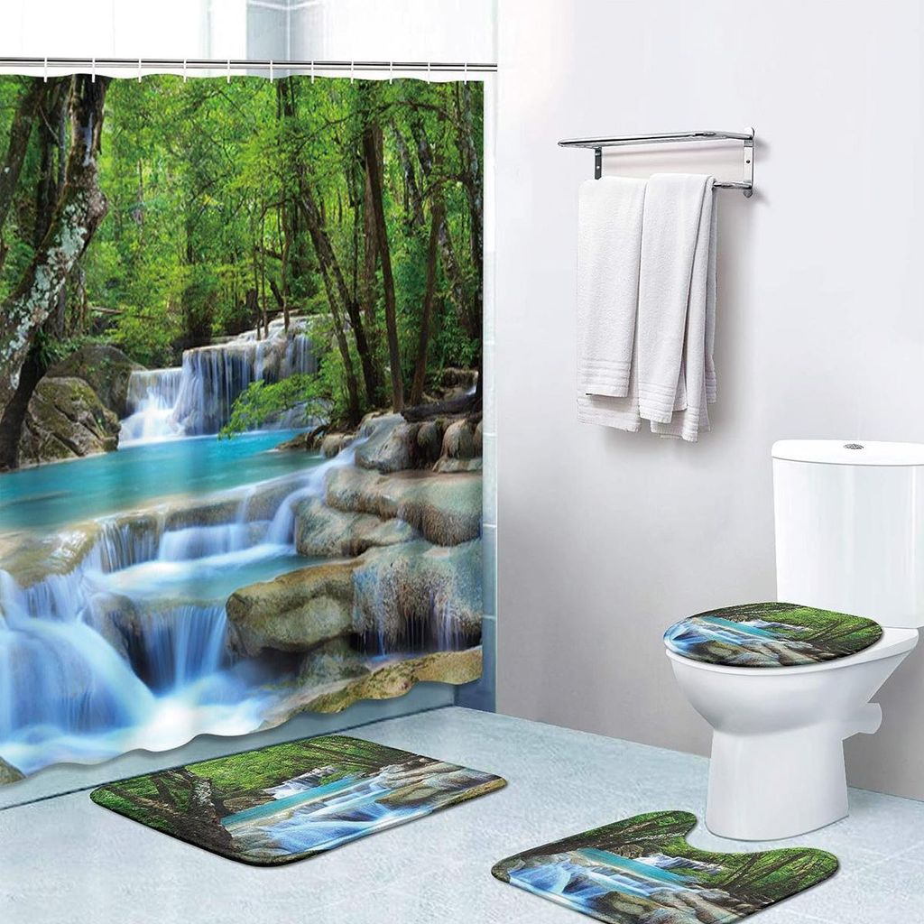 4-teiliges Duschvorhang-Set mit Wasserfallmotiv, rutschfesten Teppichen, WC-Deckelbezug und Badematte, strapazierfähig und wasserdicht, für Badez...