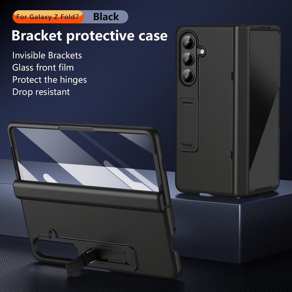 A black protective case for a foldable phone is displayed against a dark blue background, with text highlighting its features.