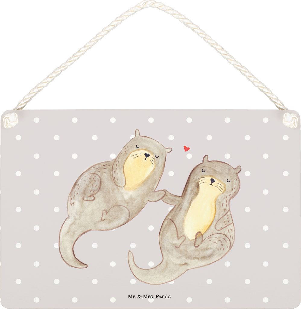 Mr. & Mrs. Panda Schild Otter Hände halten DIN A5 - Grau Pastell - Geschenk, Wandbild Holz, glücklich, Dekobrett, Liebe, Paar, Seeotter, Romantis...