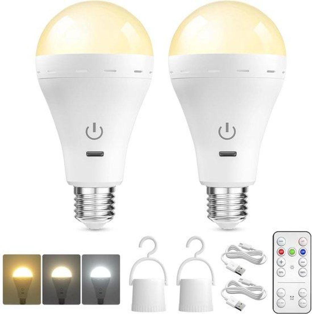 LED-Lampe mit Fernbedienung - E27 Fitting - 3W - USB-C Ladefähigkeit - 3 Farbtemperaturstandards & Dimmbar - Timerfunktion - LED-Lampe mit Batteri...