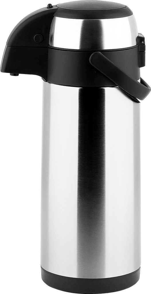 A studio shot of a silver and black insulated pump pot.